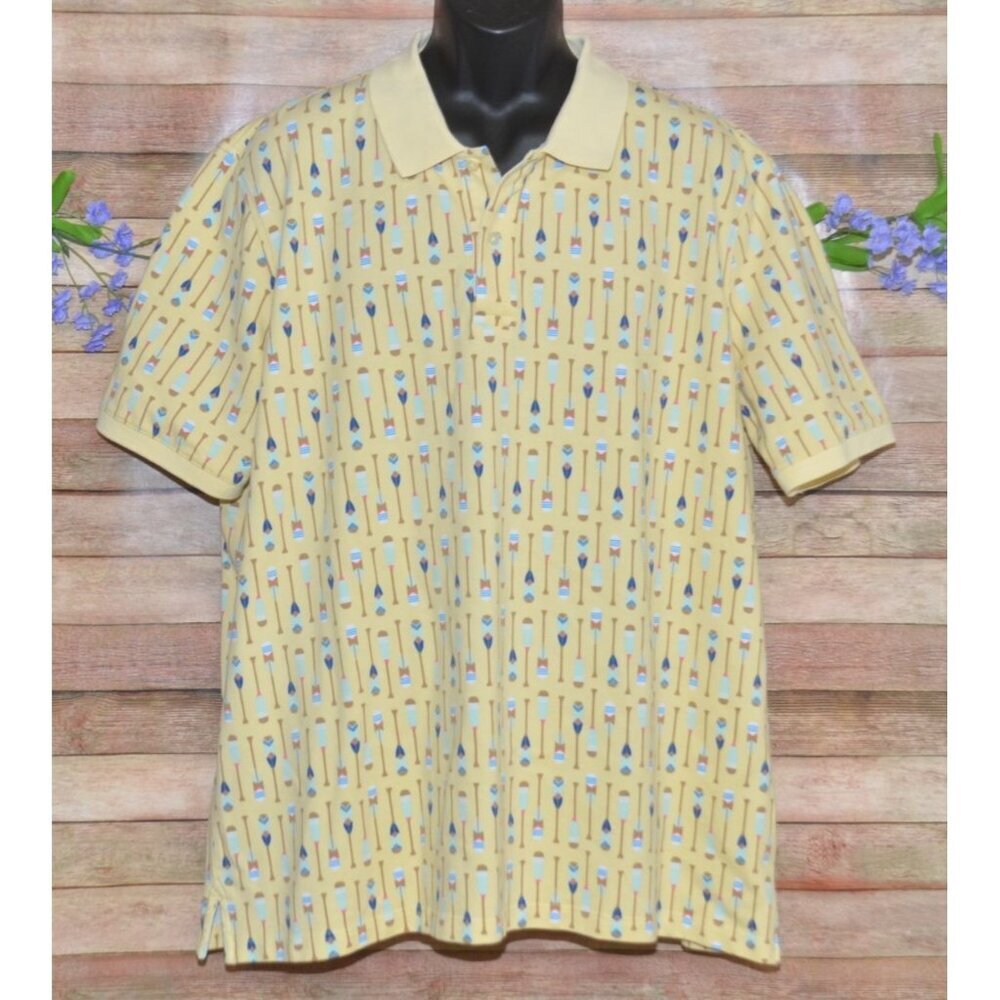 Lands' End Mens Size XXL Yellow Oar Paddle Print Golf Polo Shirt Preppy Cotton